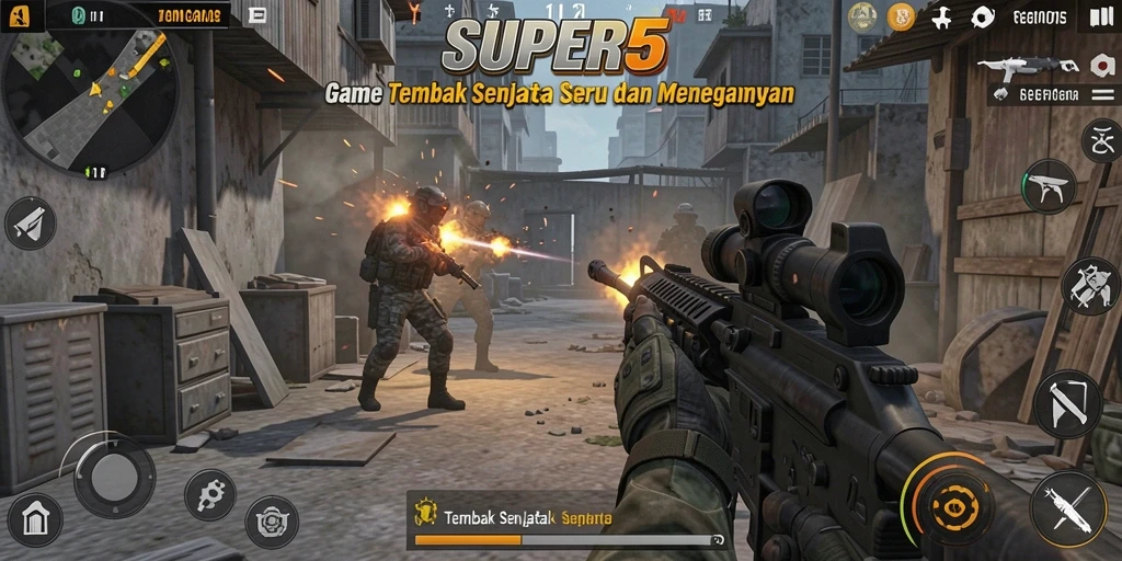 Tampilan antarmuka <strong>SUPER5</strong> yang dinamis dan intuitif saat bermain Tembak Senjata.